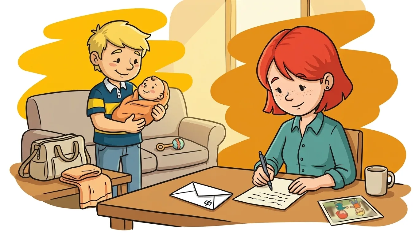 Irmão escreve uma carta para um irmão que virou pai enquanto ele segura o bebê em casa, cercado por pequenos objetos da nova rotina familiar.