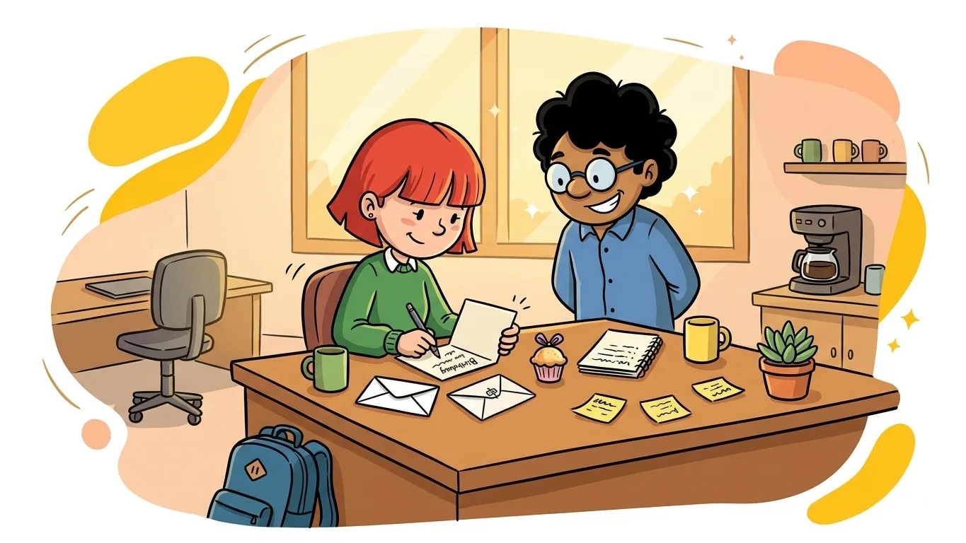Pessoa escreve uma carta de aniversário para um colega de trabalho em uma mesa com canecas, cadernos e lembranças da convivência profissional.