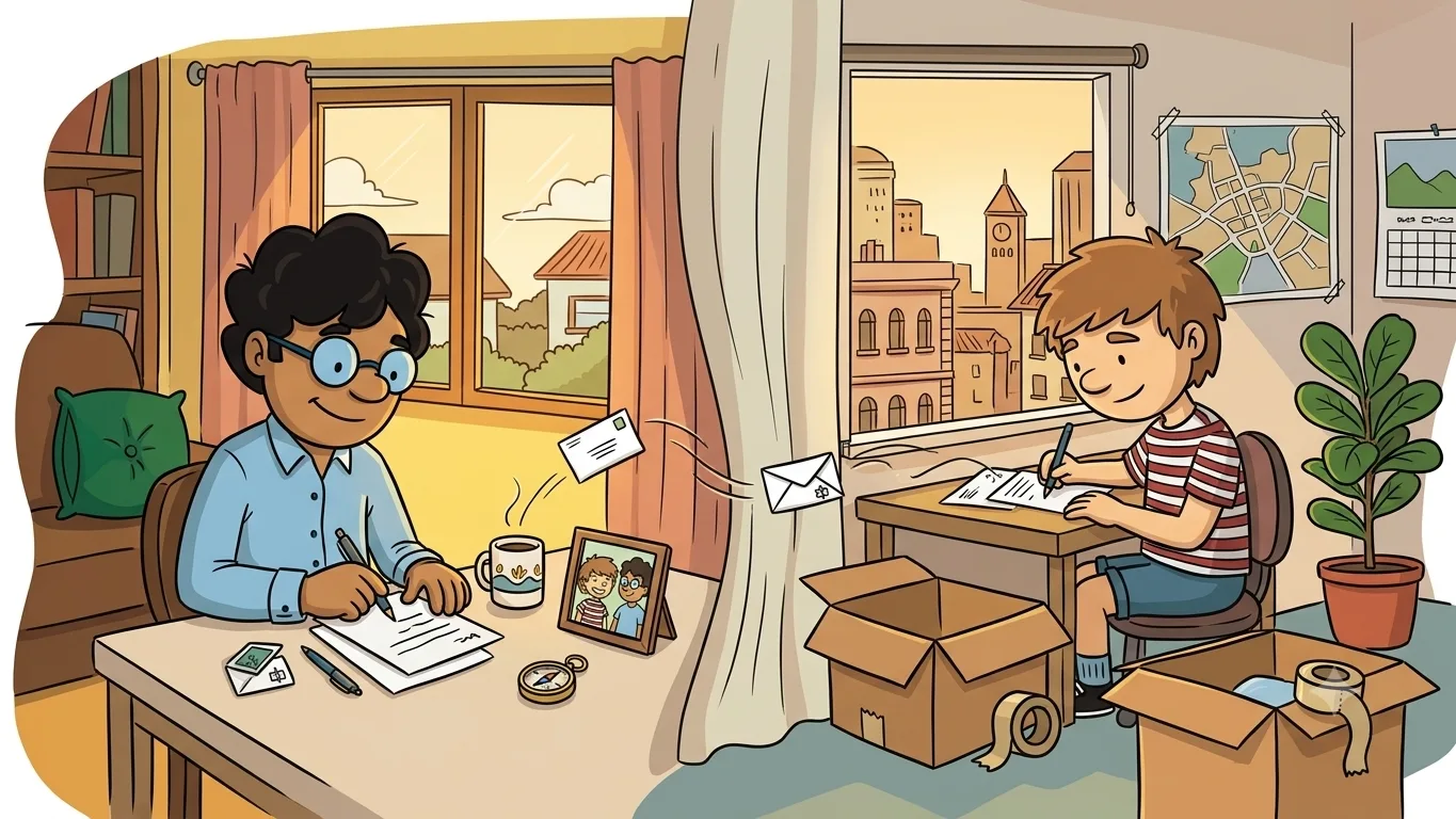 Dois amigos em cidades diferentes escrevendo cartas, conectados por lembranças e amizade à distância em uma cena ilustrada acolhedora.
