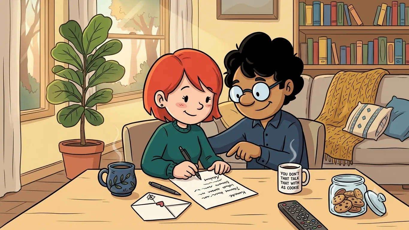 Casal sorrindo enquanto escreve uma carta à mesa, cercado por objetos que representam pequenas manias e lembranças compartilhadas.