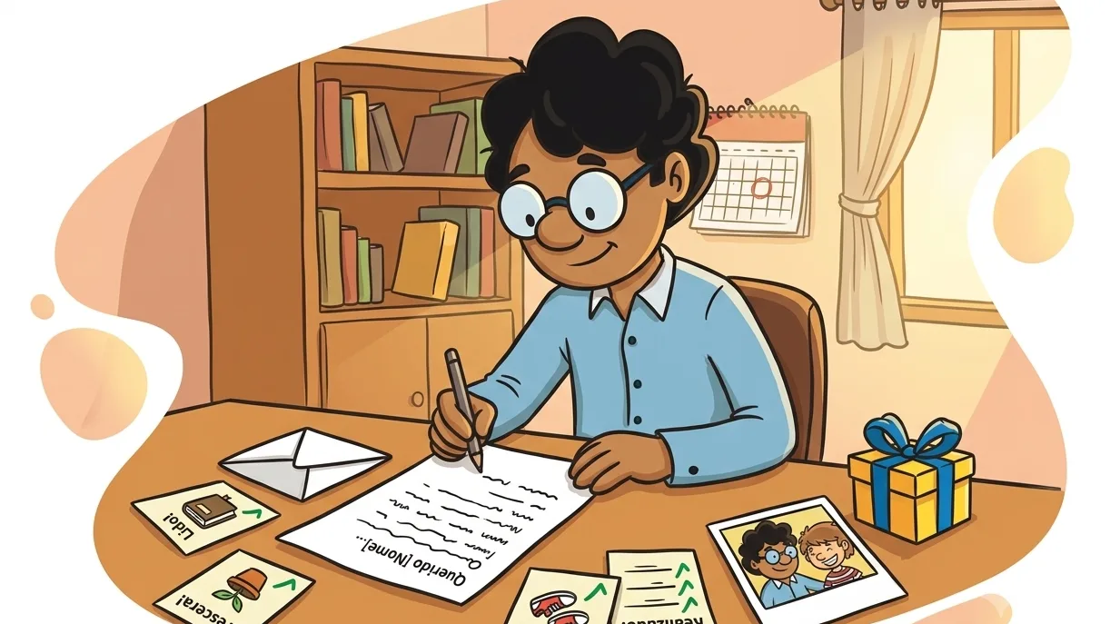 Pessoa escrevendo uma carta de aniversário para celebrar pequenas conquistas, cercada por fotografias, calendário, presente e lembranças afetivas.