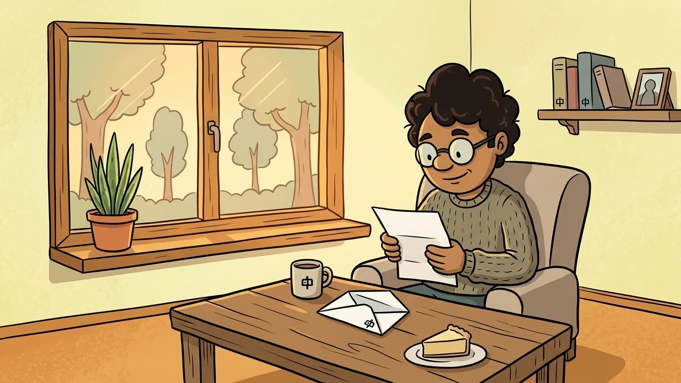 Pessoa lê uma carta de aniversário para quem não gosta de comemorar, em um momento tranquilo com café e poucos elementos, sem festa ou decoração exagerada.