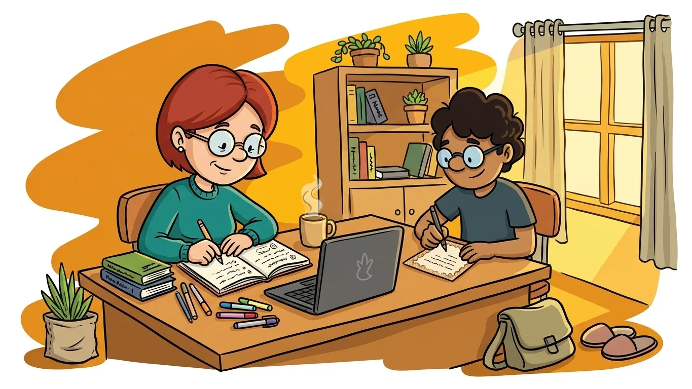 Filho escreve uma carta de homenagem para uma mãe que voltou a estudar, enquanto ela aprende à mesa entre livros, cadernos e anotações.