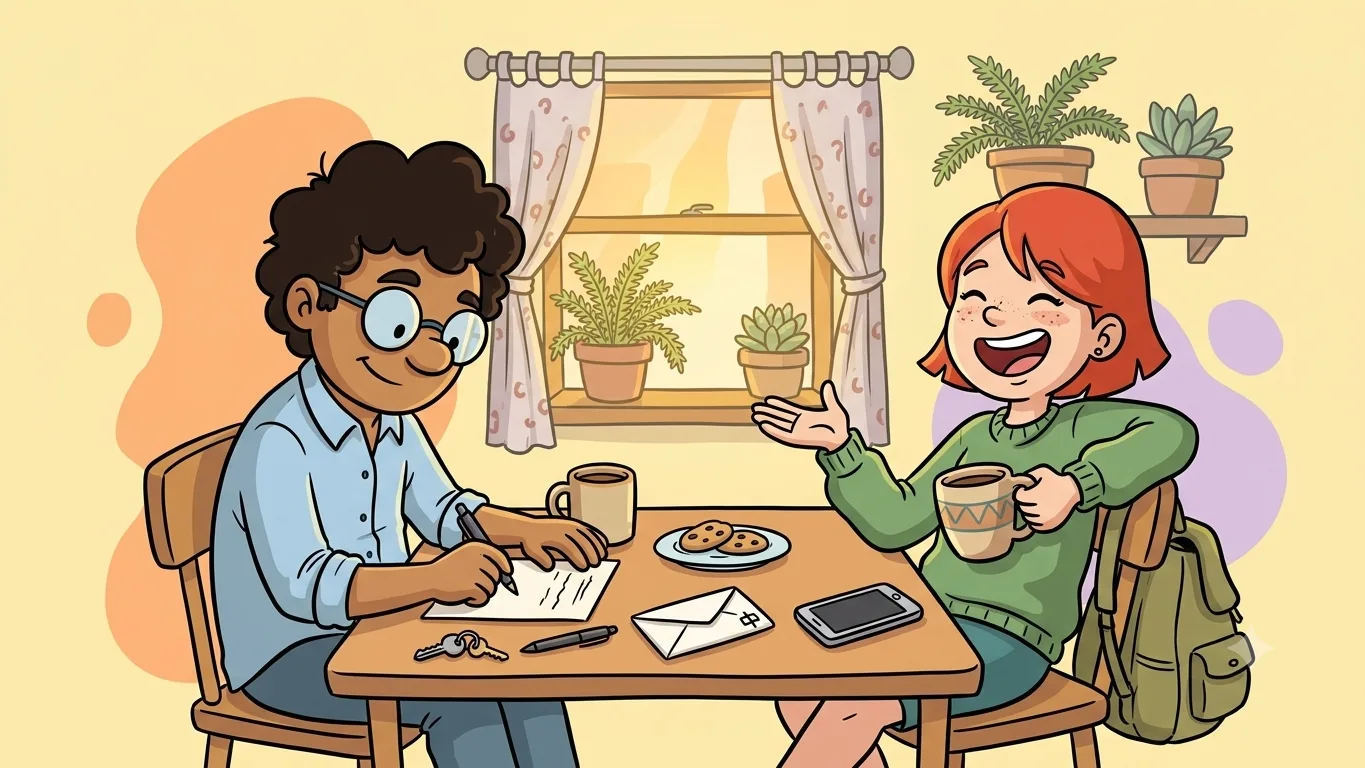 Dois amigos compartilham café e risadas enquanto um escreve uma carta para celebrar uma amizade feita de pequenos momentos cotidianos.