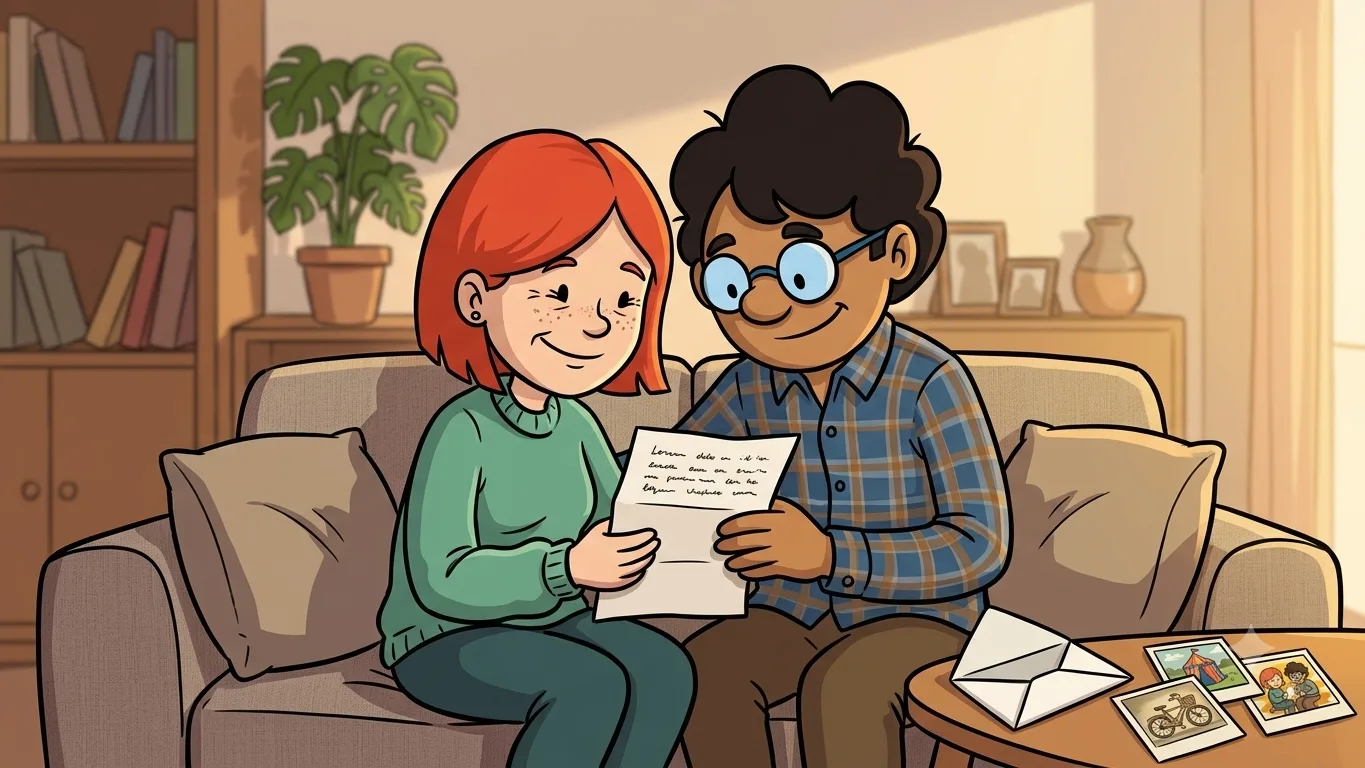Dois irmãos adultos leem juntos uma carta com lembranças da infância em uma sala acolhedora, representando carinho, humor e memória familiar.