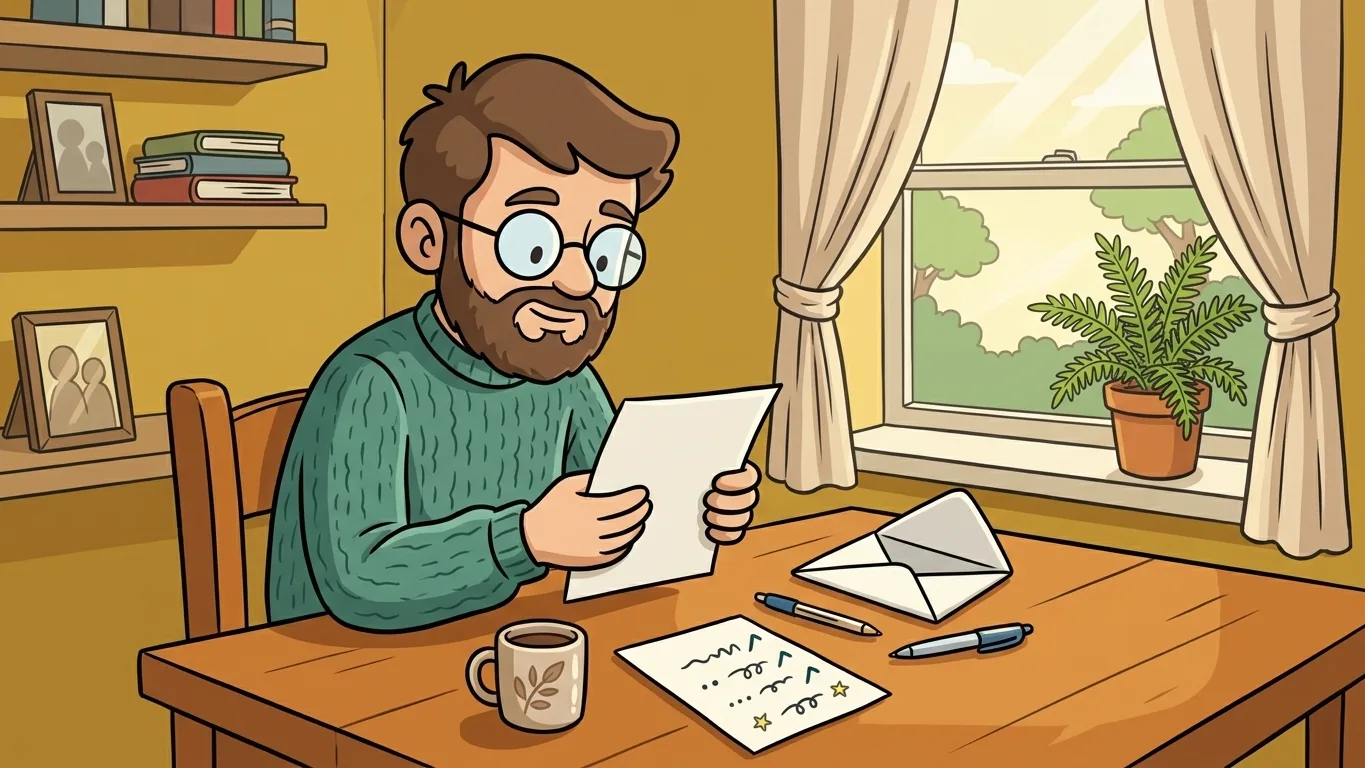 Pessoa confere como revisar uma carta antes de enviar, lendo o texto ao lado de envelope, caneta e uma pequena lista de verificação sobre a mesa.