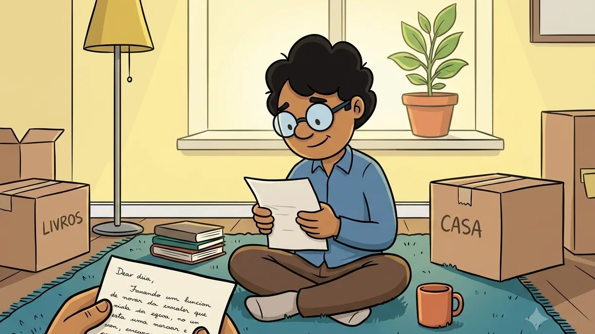 Pessoa lendo uma carta de apoio junto a caixas de mudança e uma planta nova, representando acolhimento, esperança e recomeço de vida.
