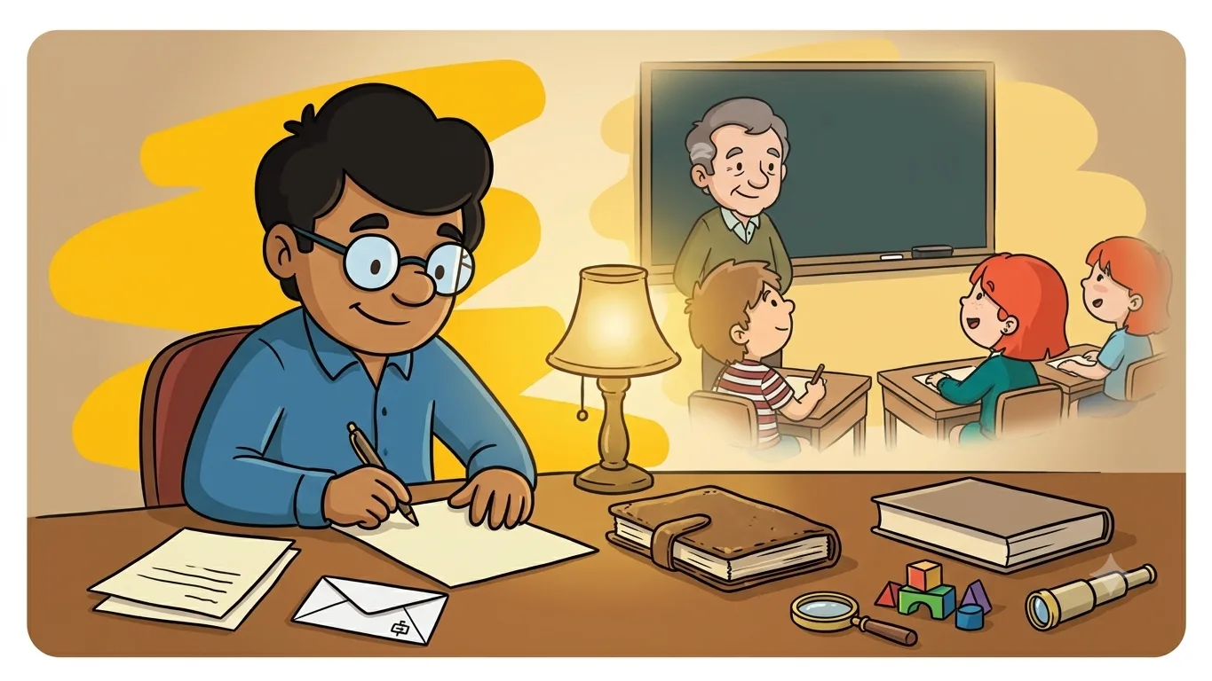 Adulto escreve uma carta de gratidão para um professor enquanto recorda uma aula que despertou sua curiosidade e seu interesse em aprender.