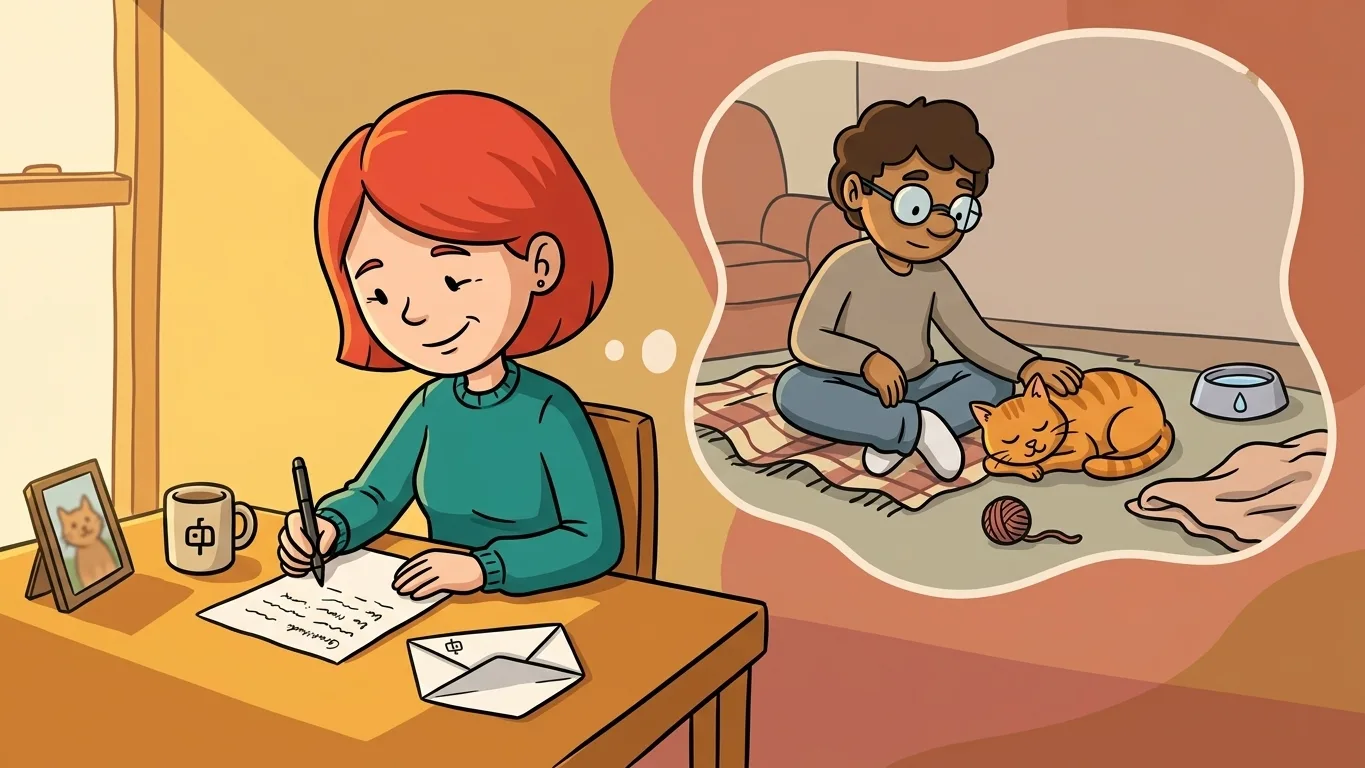 Pessoa escreve uma carta de agradecimento para quem cuidou do seu pet durante uma viagem, enquanto o cuidador brinca tranquilamente com o animal em casa.