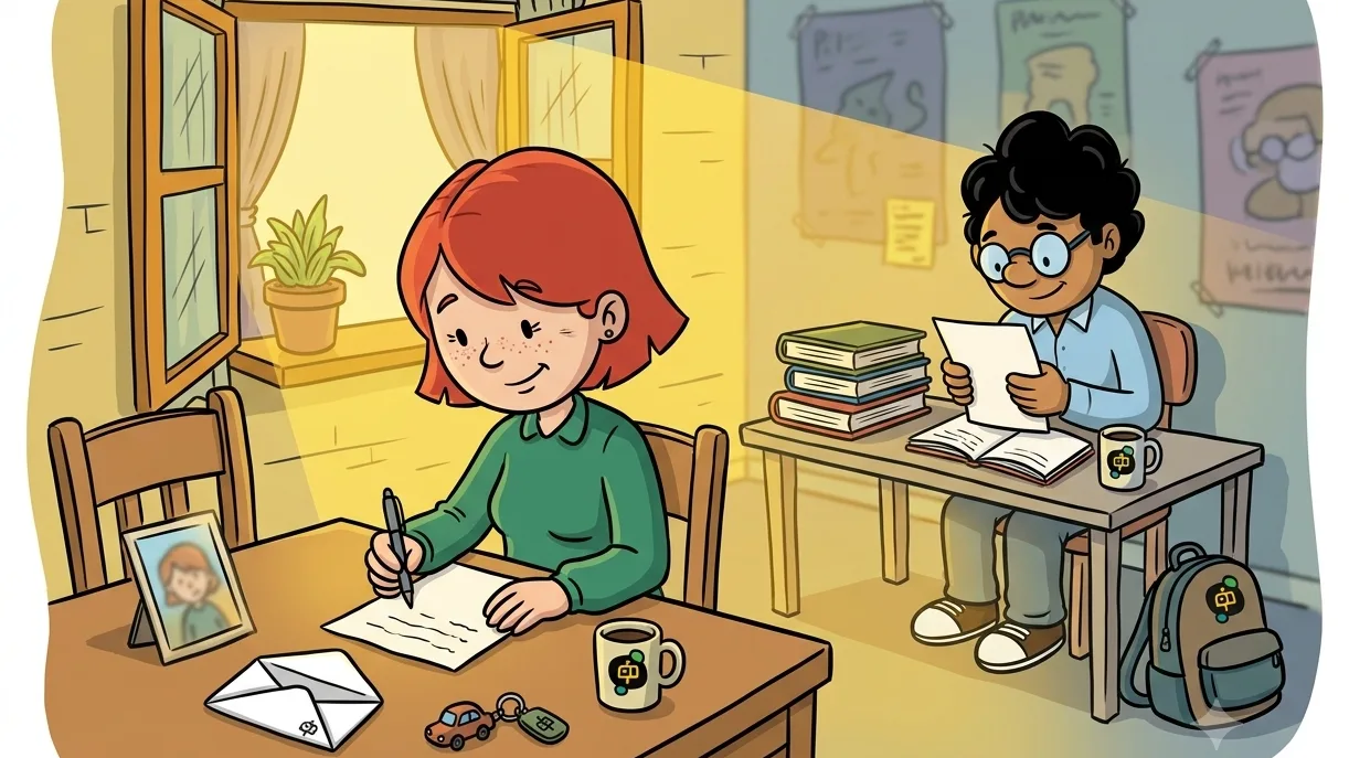 Pais escrevem uma carta para um filho que está estudando longe de casa, enquanto ele lê a mensagem em seu novo espaço de estudos.