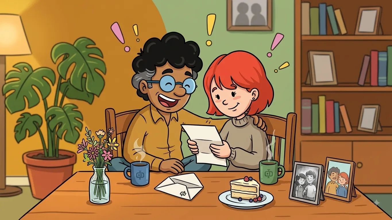 Pessoa escreve uma carta para um casal no aniversário de casamento, enquanto os dois recebem a homenagem juntos em uma comemoração simples e acolhedora.
